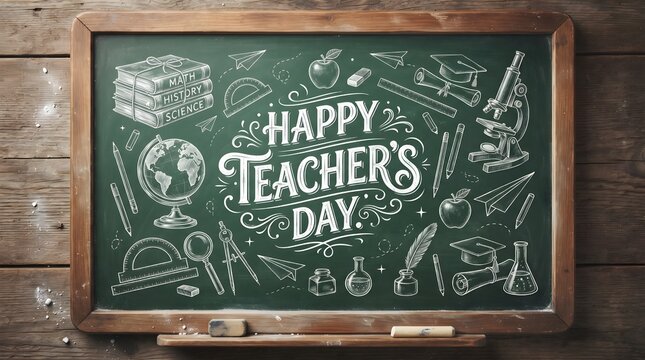 A rustic wooden chalkboard featuring hand drawn chalk illustrations and elegant lettering to celebrate the annual occasion of happy teacher s day event