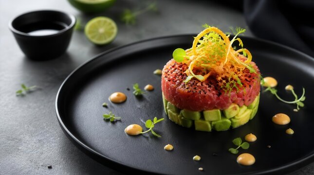 A vibrantly presented culinary creation, featuring a meticulously assembled tower of fresh tuna tartare layered with diced avocado, artfully garnished with microgreens and drizzled with a rich