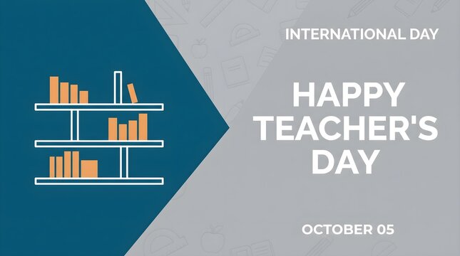 A professional graphic design celebrating international teacher day featuring a minimalist bookshelf illustration on a blue and grey background for educational greeting cards