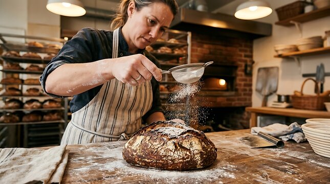 Female baker dusting powdered flour over freshly baked artisan sourdough bread in a traditional bakery kitchen