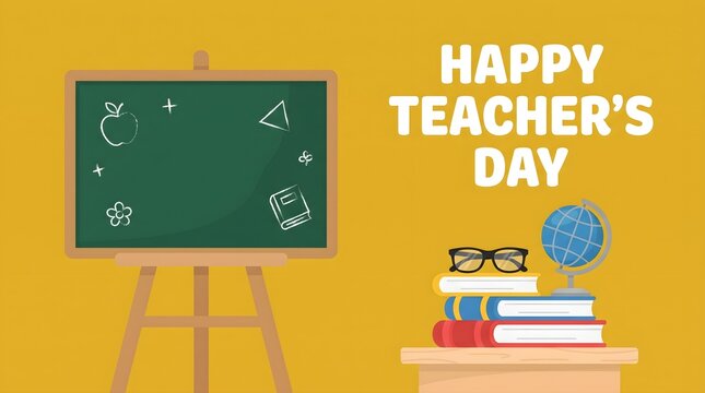 A festive illustration for teacher s day featuring a green chalkboard with school supplies books and glasses on a yellow background for educational celebration