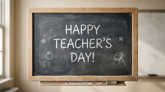 A rustic wooden chalkboard featuring the handwritten text happy teachers day displayed in a classroom setting to celebrate and honor professional educators everywhere