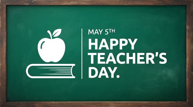 A green chalkboard background featuring a white apple and book illustration with text celebrating the annual event known as happy teacher day holiday