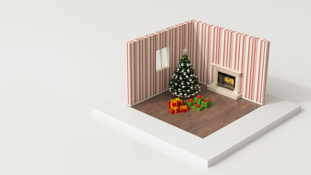 A 3d rendering shows a tiny room with a christmas tree and presents