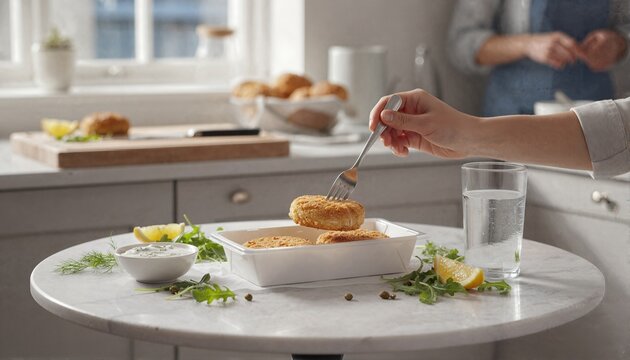 Candid brunch moment with fresh breaded fishcakes