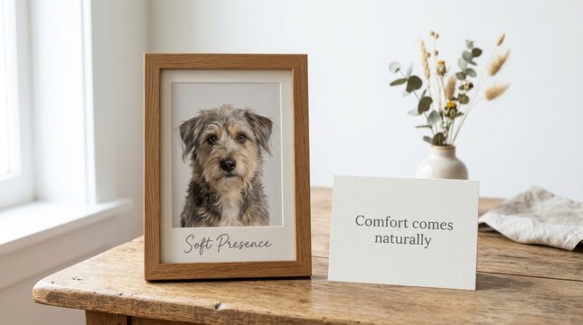 Scruffy dog portrait in wooden frame stands on rustic table next to comfort card and dried flowers. Elegant pet memorial display creating a warm atmosphere for grieving hearts and peaceful homes