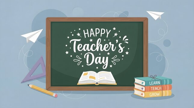 A festive chalkboard design celebrating teacher s day with an open book and school supplies on a soft blue background for educational greetings
