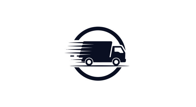 Fast delivery truck logo with motion lines with enclosed circle white background stylized black truck icon motion logistics transport shipping
