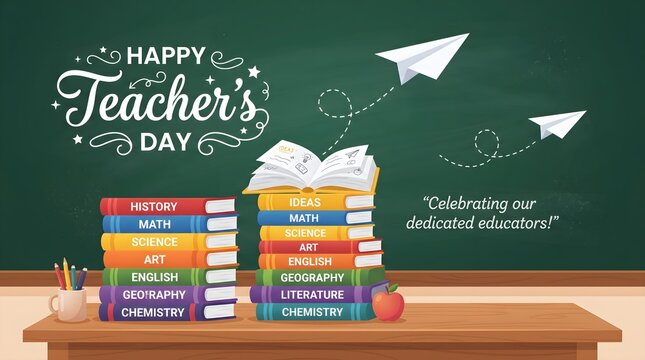 A festive illustration for teacher s day featuring stacks of colorful books on a wooden desk against a green chalkboard with paper planes