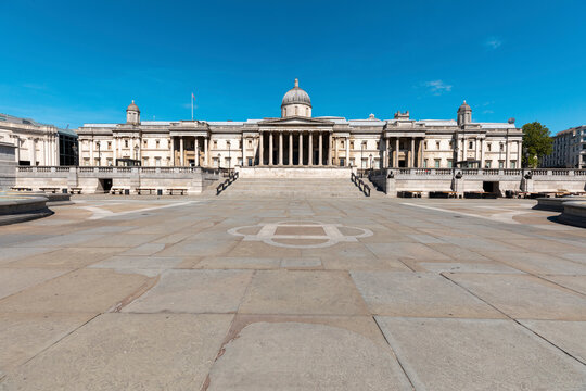 UK, London, Trafalgar Square and the National Gallery building on a sunny day