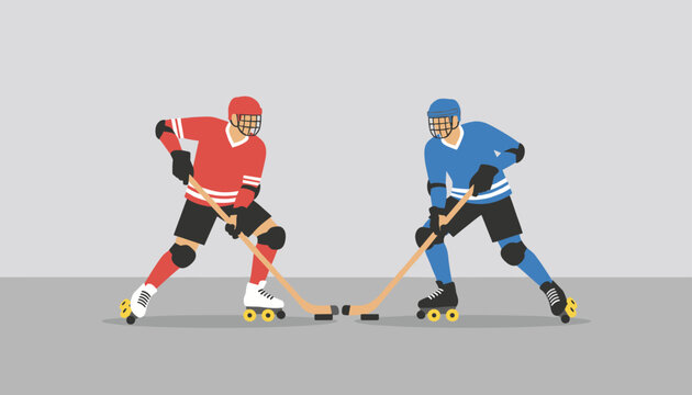Competitive young roller hockey players in red and blue uniforms facing off during an intense outdoor sports match.