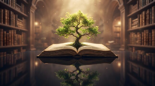 A magical glowing tree growing from an open book inside a dark library perfect for celebrating teacher day with wisdom and knowledge concepts