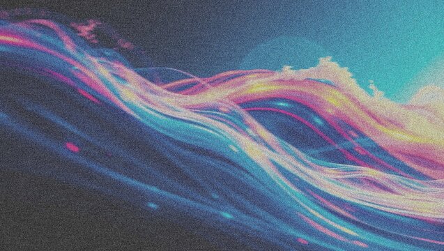 Retro synthwave light trails, abstract neon glowing waves with film grain texture, futuristic colorful motion background 4k  grainy texture Background