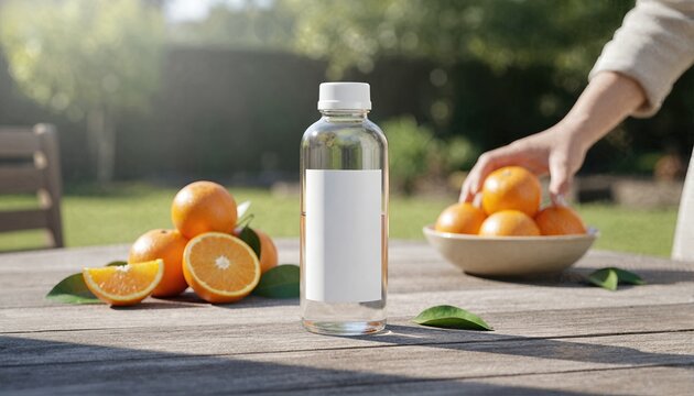 Cold pressed juice bottle with white label on rustic garden table