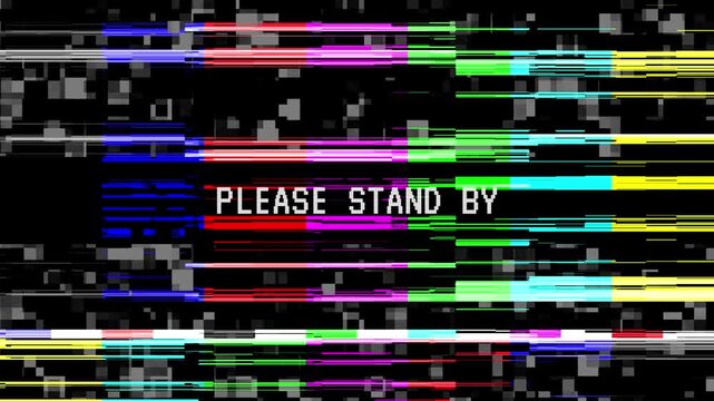 Please stand by color bars with horizontal noise glitch and no signal. Dark aesthetic glitch screen with horizontal scanlines and streaks of neon colors over the test pattern.