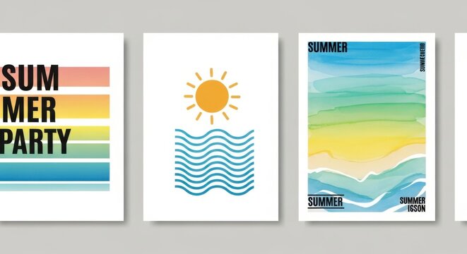 Set of three modern minimalist summer posters with abstract sun, waves, and watercolor beach landscape