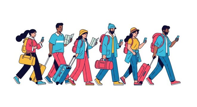 Group of diverse travelers walking with luggage and backpacks