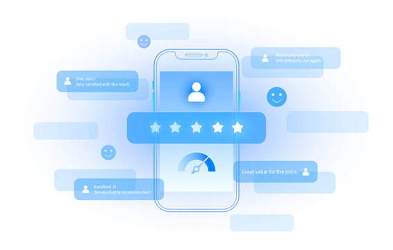 Online customer satisfaction review feedback and star rating on mobile smartphone app with comment isolated on transparent background