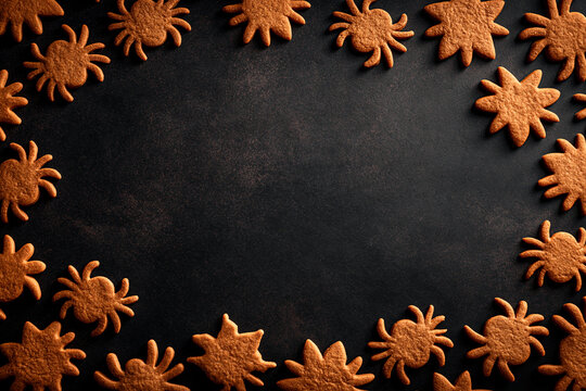 A flat lay of spider-shaped gingerbread cookies arranged as a border on a dark rustic background perfect for a spooky Halloween festive culinary display
