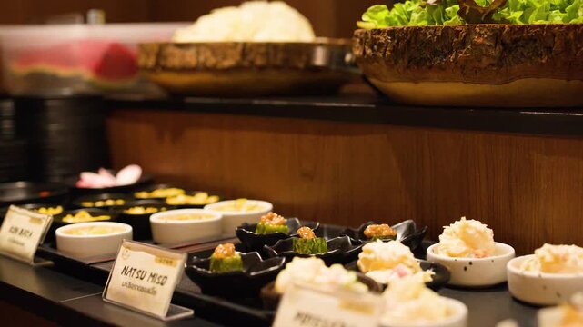 Customer Picking Side Dishes at a Japanese Food Buffet Restaurant