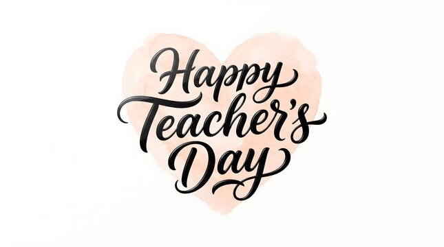 Elegant calligraphy text design for happy teacher day celebration featuring a soft pink heart background perfect for greeting cards and social media posts