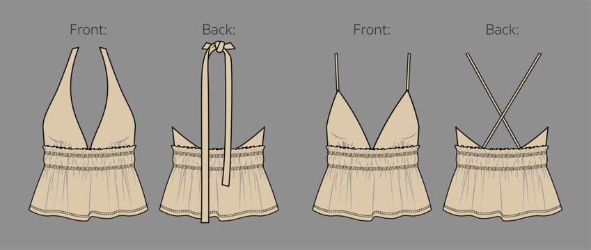 Beige Halter Crop Top Ruffle Peplum Fashion Flat Sketch Technical Drawing Vector