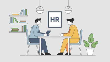 Fototapeta premium Job interview concept with a candidate and human resources manager discussing a resume in a cozy modern office room.
