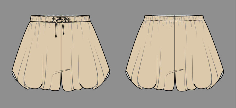 Beige Bubble Ruffle Mini Skirt Fashion Flat Sketch Technical Drawing Vector