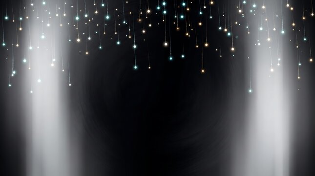 Festive background with hanging glowing lights on a dark backdrop, elegant bokeh effect with shimmering golden and blue light bulbs for holiday design