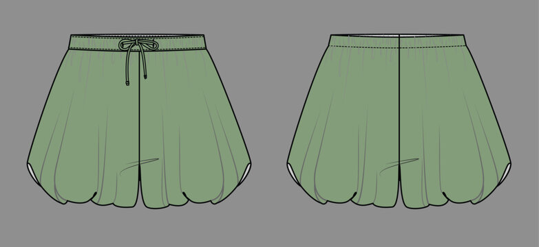 Sage Green Bubble Ruffle Mini Skirt Fashion Flat Sketch Technical Drawing Vector