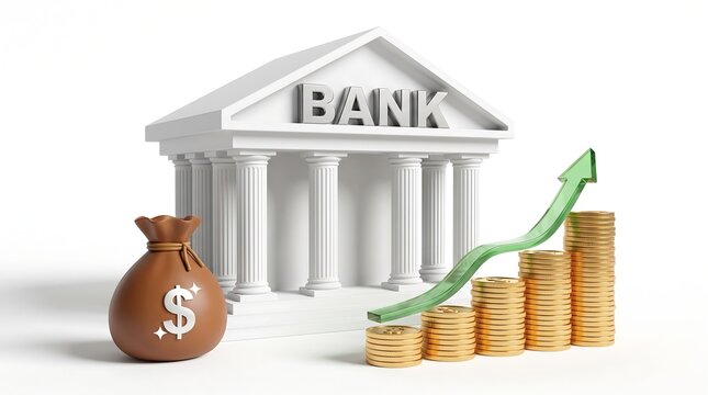 3d illustration of a bank building with a money bag and a stack of gold coins with an upward trending green arrow isolated on white background