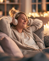Obraz premium A relaxed woman with blonde hair in a messy bun wears wireless headphones leaning back on a sofa while enjoying music in a cozy room