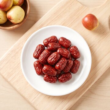 Top view of a white plate filled with dried red jujube fruits on a wooden cutting board, with fresh jujubes in a wooden bowl nearby