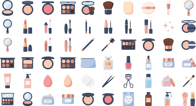 Cosmetic and makeup products vector icon mega set with beauty care accessories, skincare lotions, lipsticks, and eyeshadow palettes.