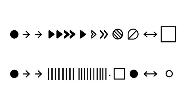 A collection of various arrow and symbol icons including directional arrows, geometric shapes, and special indicators in black and white design