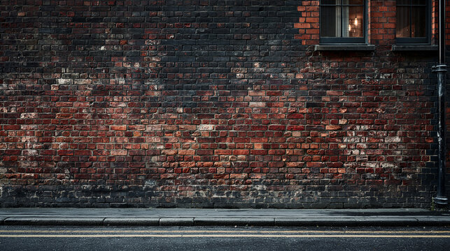 A dark weathered brick wall stands behind a gray sidewalk and asphalt road with two small windows visible in the upper right corner