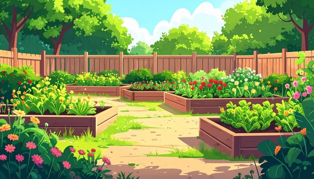 Colorful Backyard Garden with Raised Beds and Flowers.