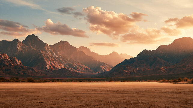 A vast arid desert plain stretches toward a dramatic range of jagged mountains beneath a soft golden-hued sky filled with scattered glowing sunset clouds