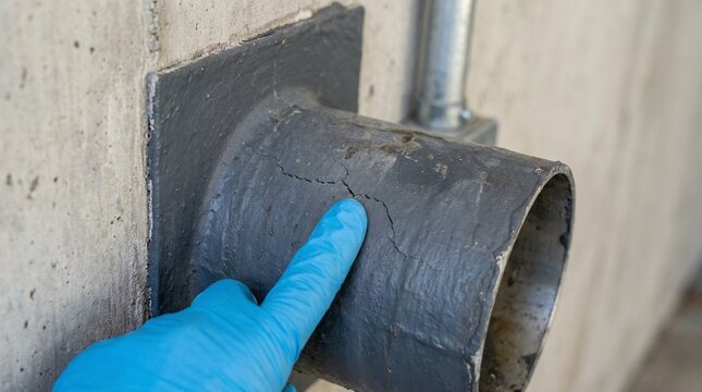 Professional technician inspecting a crack in the waterproof sealant of a concrete wall pipe penetration for repair
