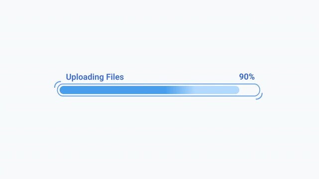 Flat vector animated file upload progress bar with loading indicator and status text. Ideal for software interfaces, cloud storage, file transfer, and technology motion graphics.