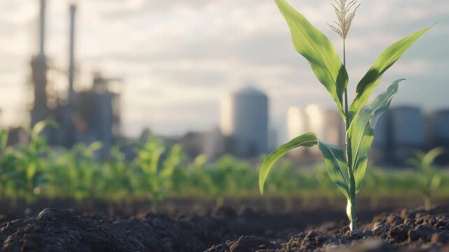A freshly planted corn seedling emerging from the dirt in a field with power plants in the distance.