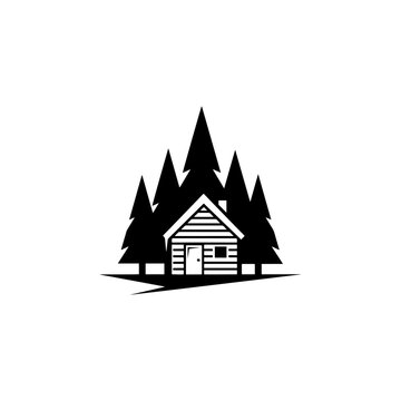 Wooden log cabin house surrounded by pine forest trees silhouette. Design element for logo label emblem sign. Vector illustration. Perfect for outdoor camping theme.
