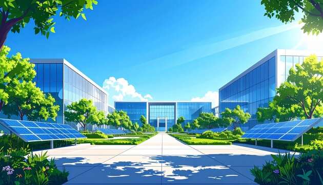 Modern Eco Friendly Corporate Campus with Solar Panels and Greenery.