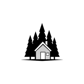 Wooden log cabin house surrounded by pine forest trees silhouette. Design element for logo label emblem sign. Vector illustration. Perfect for outdoor camping theme.