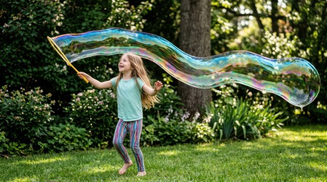 Happy young girl creating an enormous iridescent soap bubble using a wand in a lush green garden during a sunny summer day, showcasing pure childhood joy and outdoor play activities for family beauty.