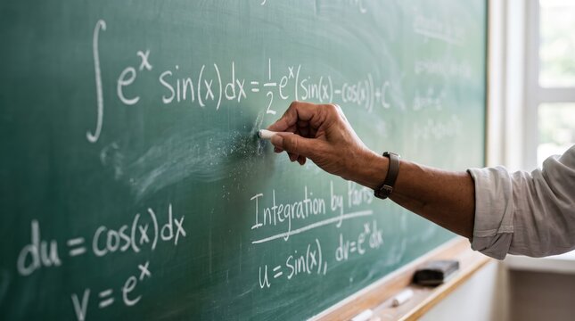 A dedicated teacher writing complex calculus equations on a green chalkboard for a special teachers day celebration activity
