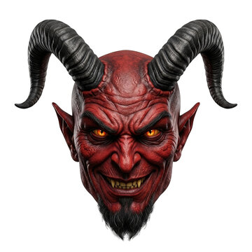 Scary red devil head with large horns isolated on black background isolated on transparent background