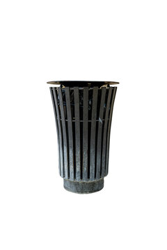 Isolated modern slatted metal public trash can litter bin on transparent background.