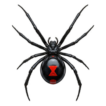 Black widow spider with red hourglass mark on its round body isolated on transparent background