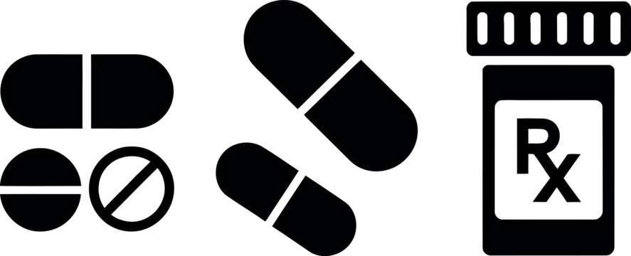 Black and white medicine pills and prescription bottle icon set